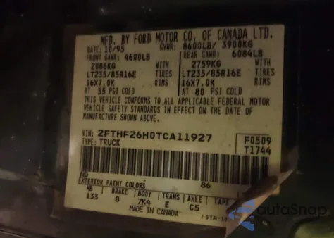 1996 Ford F250 из США, поврежденный, VIN 2FTHF26H0TCA11927